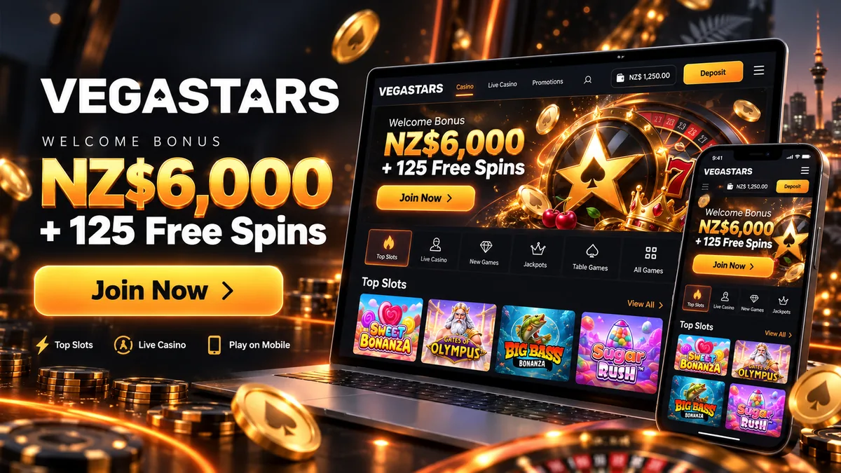 Vegastars welcome offer of NZ$6,000 plus 125 free spins on a laptop and phone, with the Auckland skyline at night behind