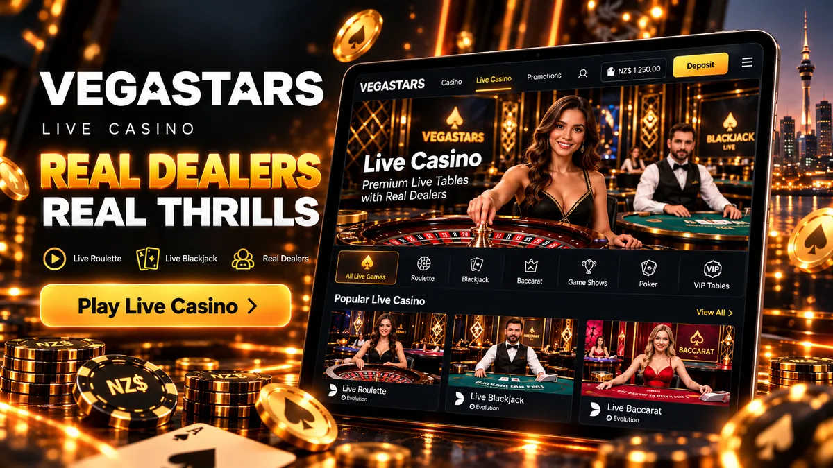 Live dealer blackjack and roulette tables in the Vegastars live casino section