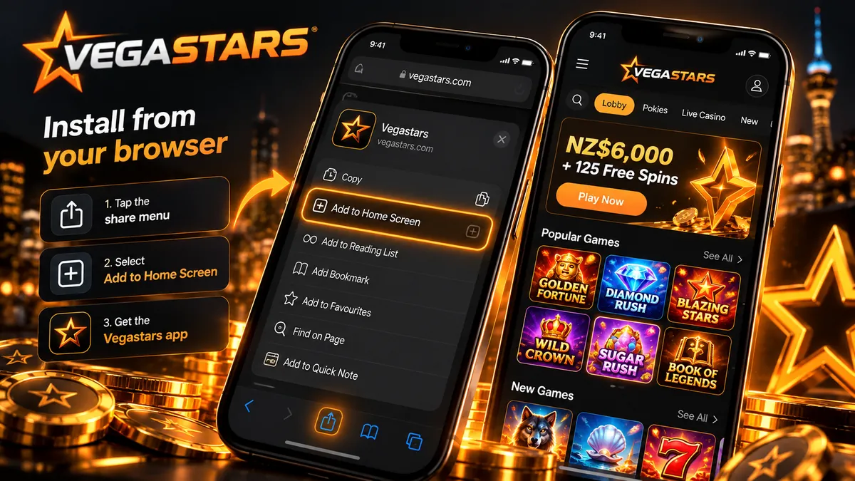Vegastars casino opened as a home-screen web app on a smartphone in New Zealand