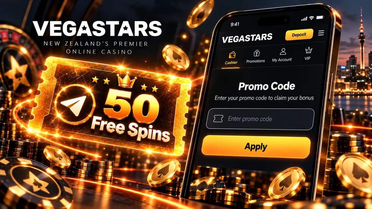 TG50 promo code and free spins offer at Vegastars, illustrated for players in New Zealand