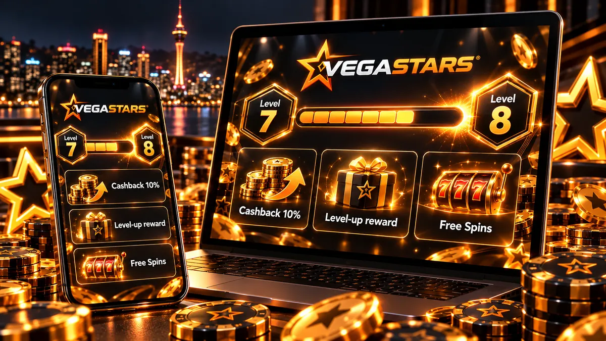 Illustration of the Vegastars VIP loyalty ladder with level tiers and cashback rewards for New Zealand players