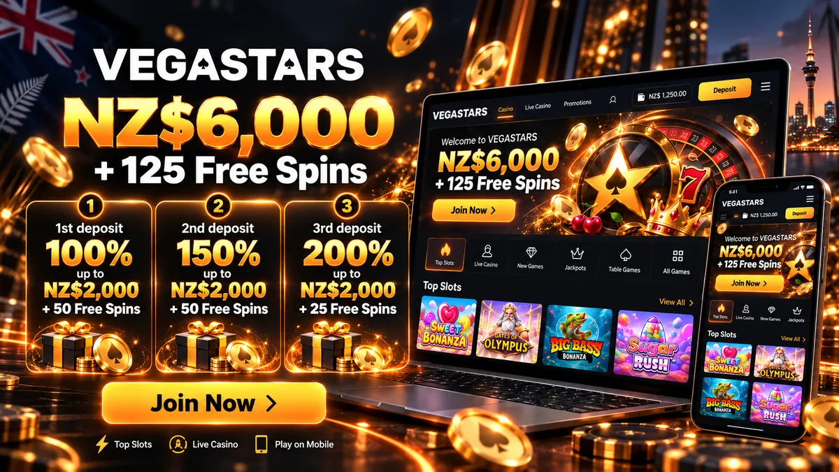 Vegastars welcome offer banner showing the three-deposit NZ$6,000 package and 125 free spins for New Zealand players