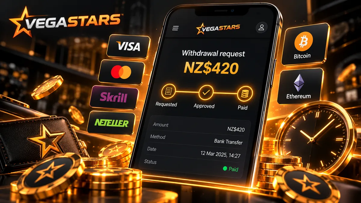 Withdrawal request screen in the Vegastars cashier for a New Zealand player